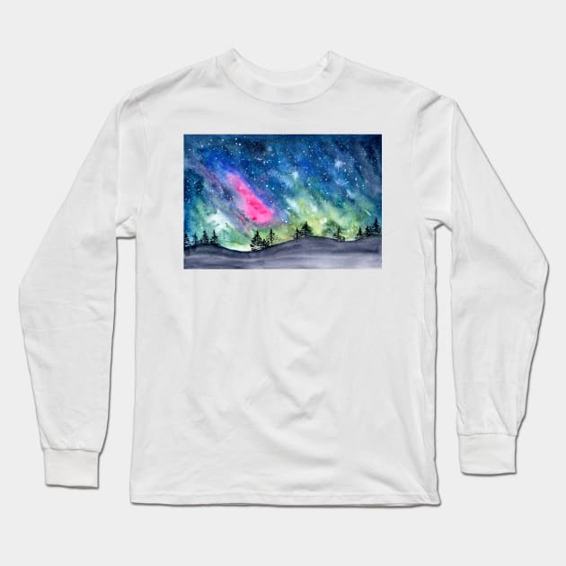 Watercolor Landscape Aurora  Borealis | Redbubble Art | Watercolor Art Long Sleeve T-Shirt by Harpleydesign